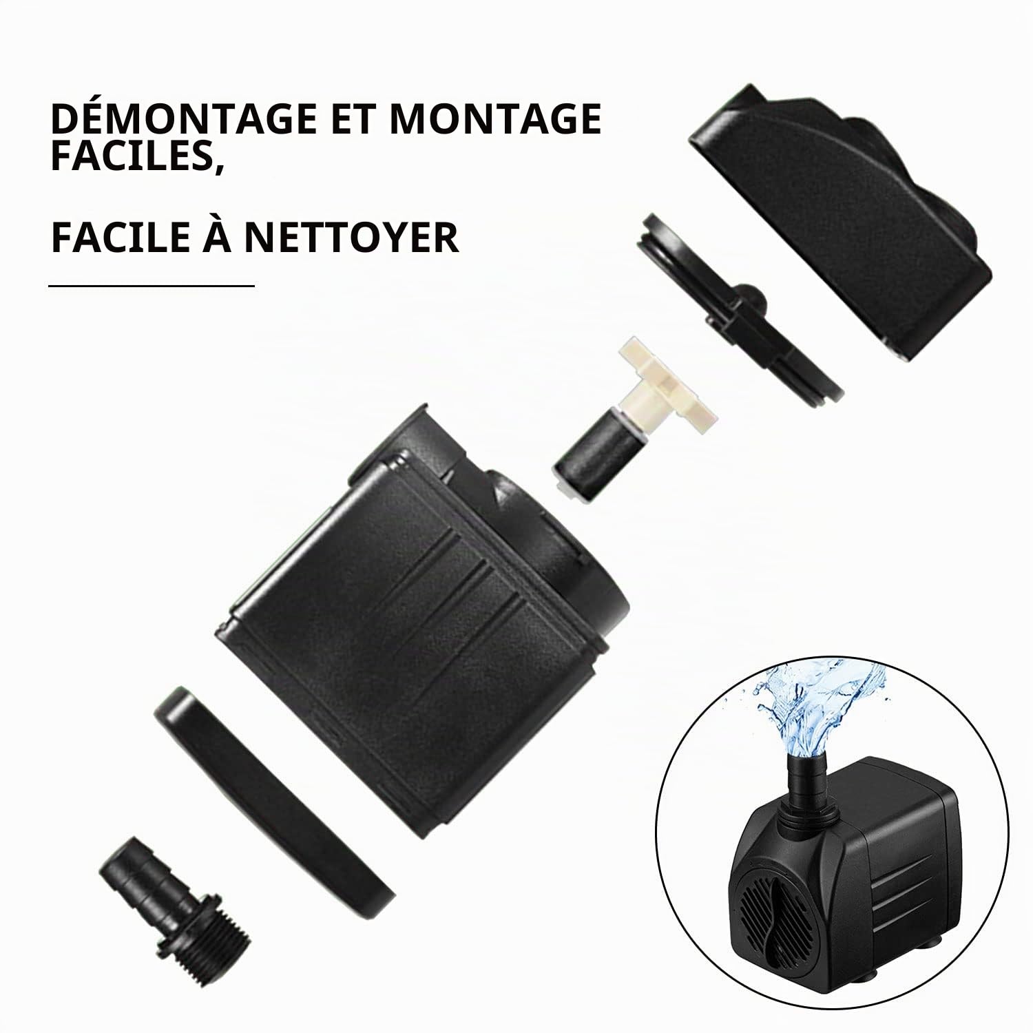 Mini pompe à eau (600 l/h, 10 W), pompe d'aquarium ultra silencieuse avec hub haut, pompe à fontaine avec câble d'alimentation de 1,5 m, 2 buses d'aquarium, étangs, fontaines, statues,