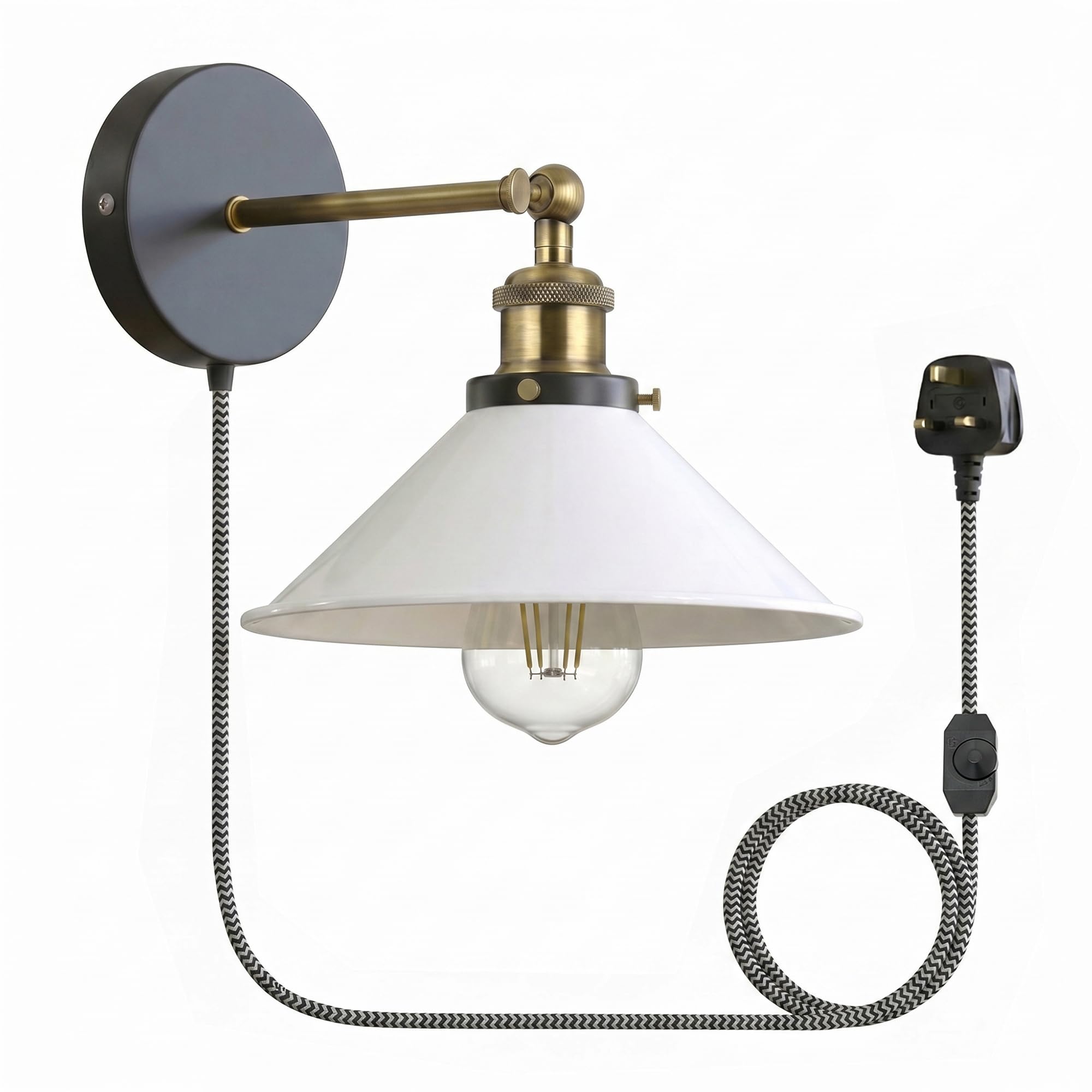 LEDSone Industrial Wall Sconce Adjustable Arm Light dimmer Switch Plug in 22cm White Metal Cone Lamp Shade with E27 Base Wall Lights for Restaurant Office and Indoor Home Decor