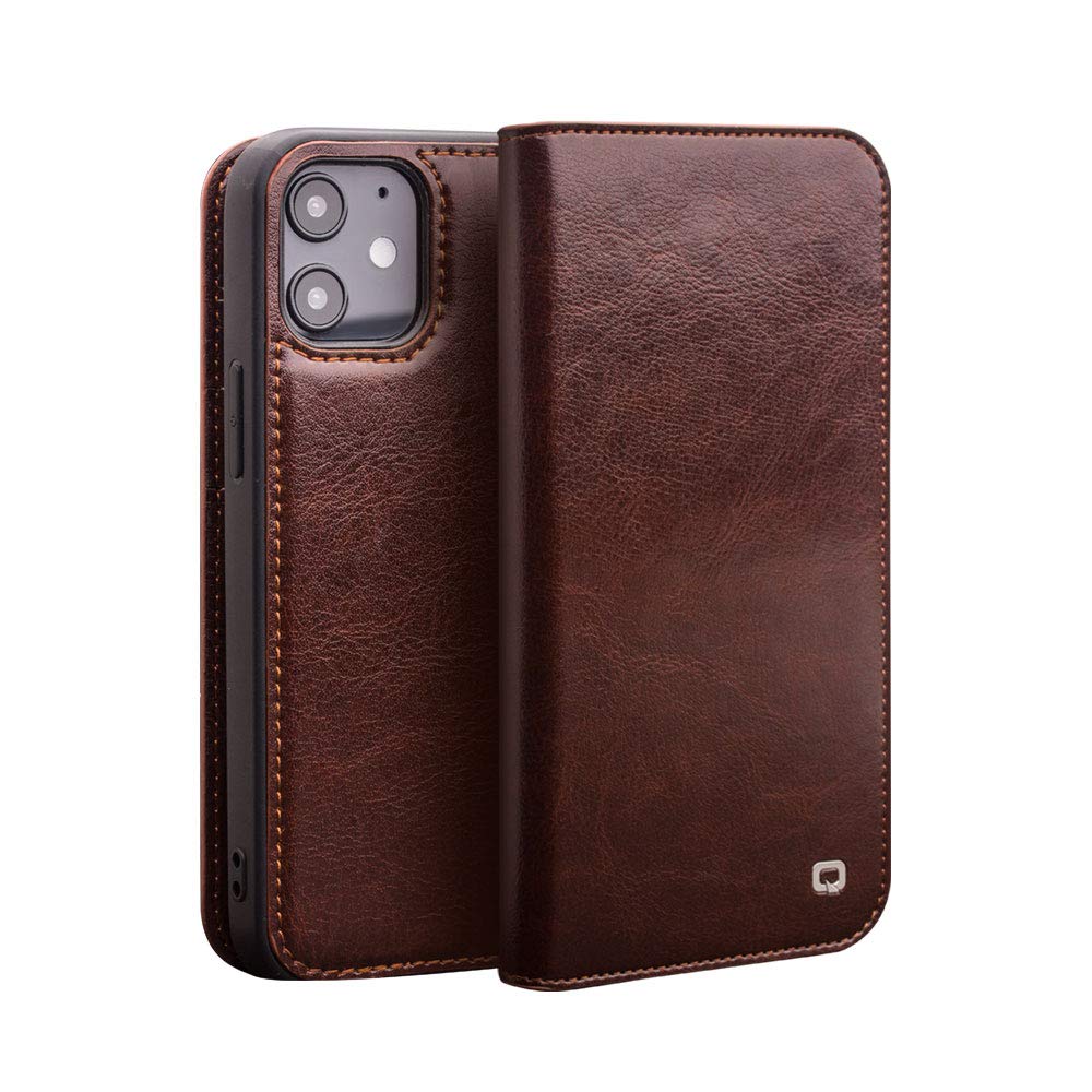 QIALINOCase for iPhone 12 Mini, Slim Card Holder Holster Genuine Leather Sleeve Bracket Corner Protection Cover Wallet Case for iPhone 12 Mini, Brown,5.4 inch
