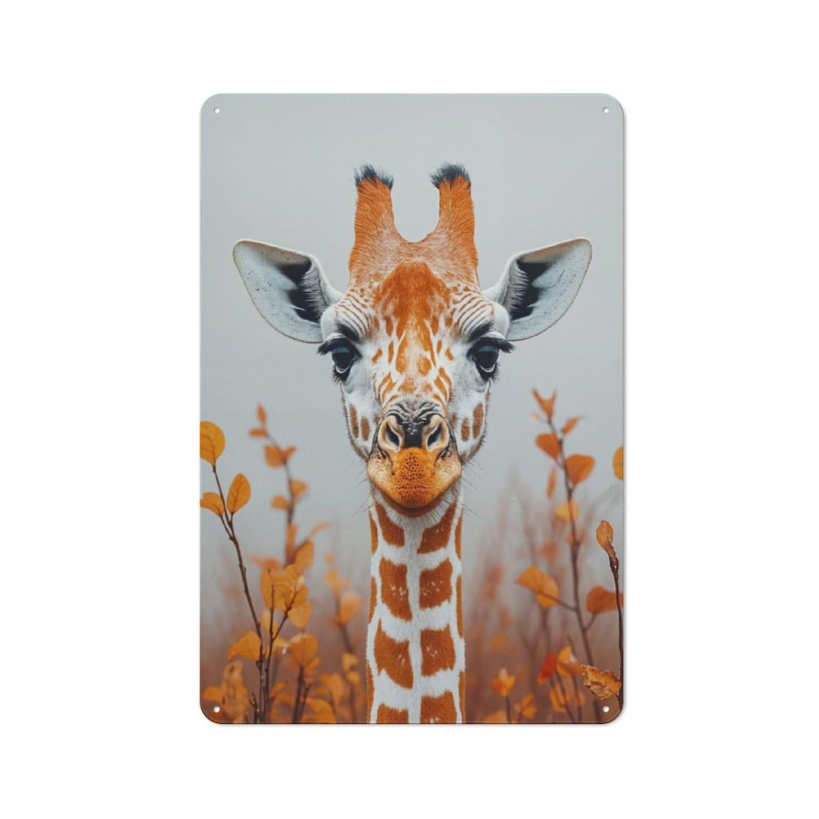 Junmoney Style-14 Shed Style Decorative Metal Plaque 30X20cm Featuring Giraffe Portrait With Autumnal Foliage, Porch Wall Decor For Patio Bar, Workshop, Shed Or Kitchen