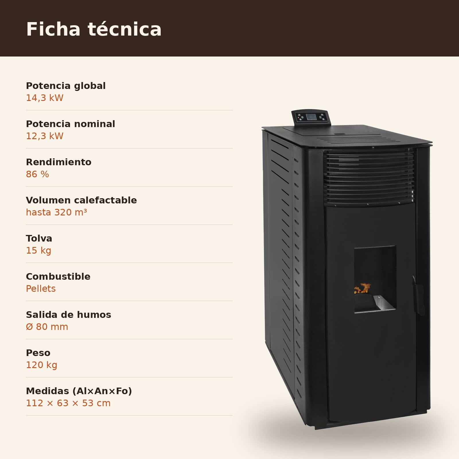 EIDER BIOMASA Estufa Pellets Canalizada GYDA – 14,95 kW – La Mayor Potencia – Hasta 340 m³ – Multiestancia – Tolva 15 kg – Programable – Clase A+