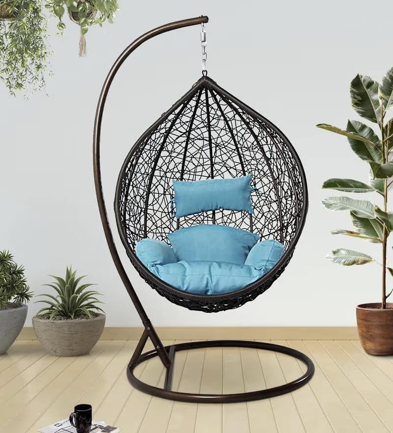 Image of Single Seater Swing Chair with Stand & Cushion Outdoor Indoor Balcony Garden Patio, Powder Coated Frame, UV-Protected Wicker, Premium Cushion, Swing Chair (Black-Sky Blue)