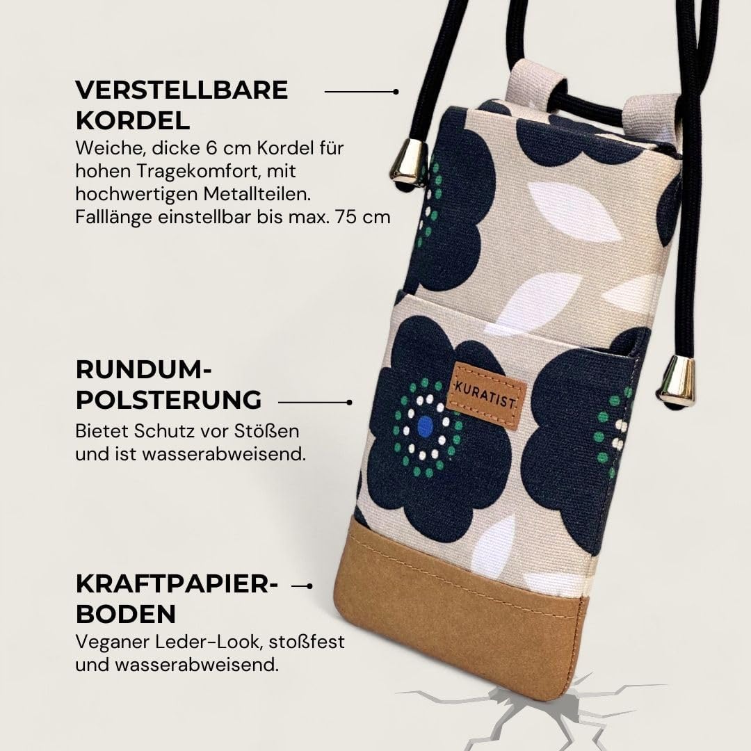 NELA Cotton Twill & Paper Phone Sleeve with Strap - Handmade Phone Case Compatible with iPhone (Midnight Bloom, Medium)