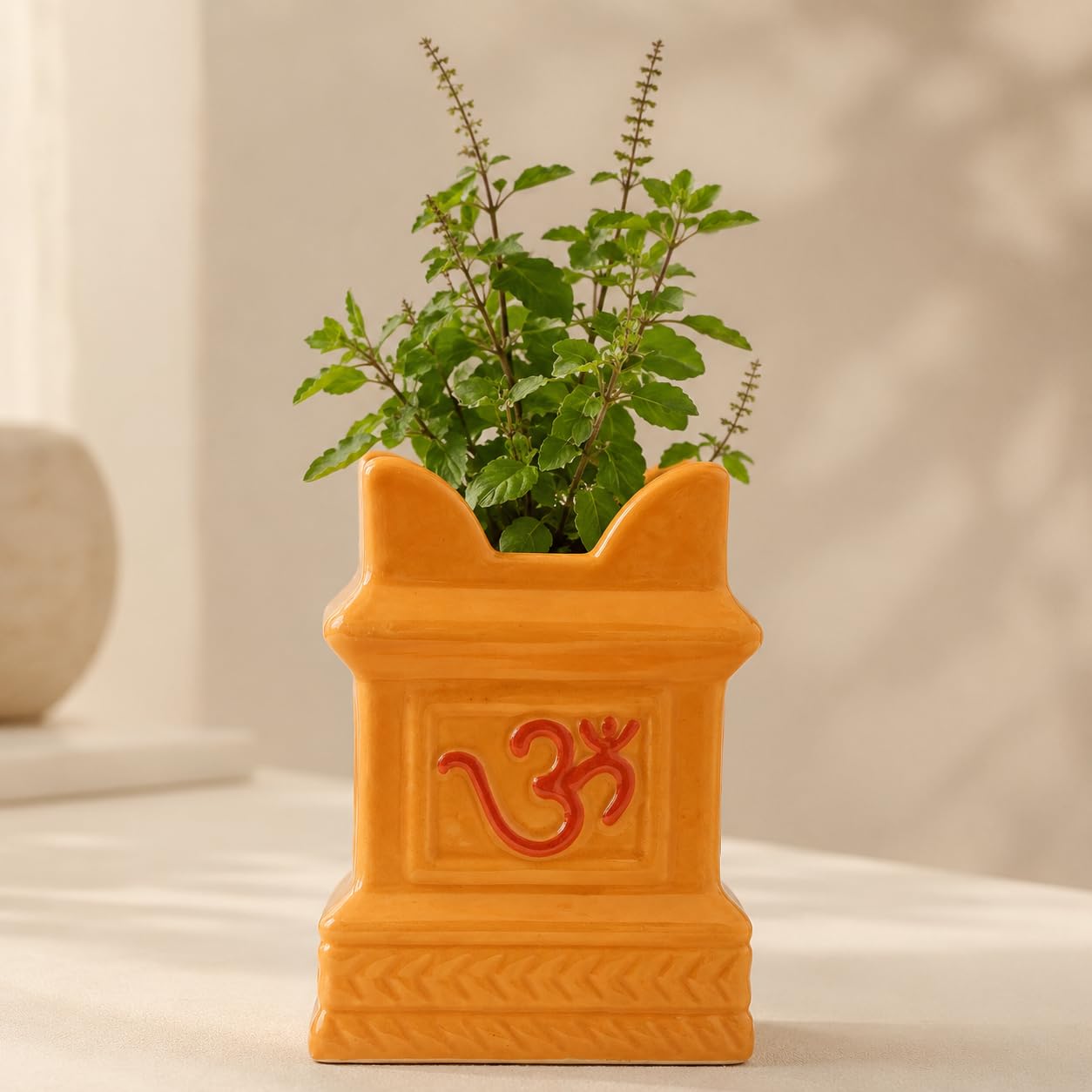 SPHINX Ceramic Tulsi Pot, 5 Inch Tulsi Vrindavan Planter with Om & Swastik Design, Decorative Holy Basil Plant Pot for Temple Pooja, Indoor Outdoor Decor (Orange)-image-1
