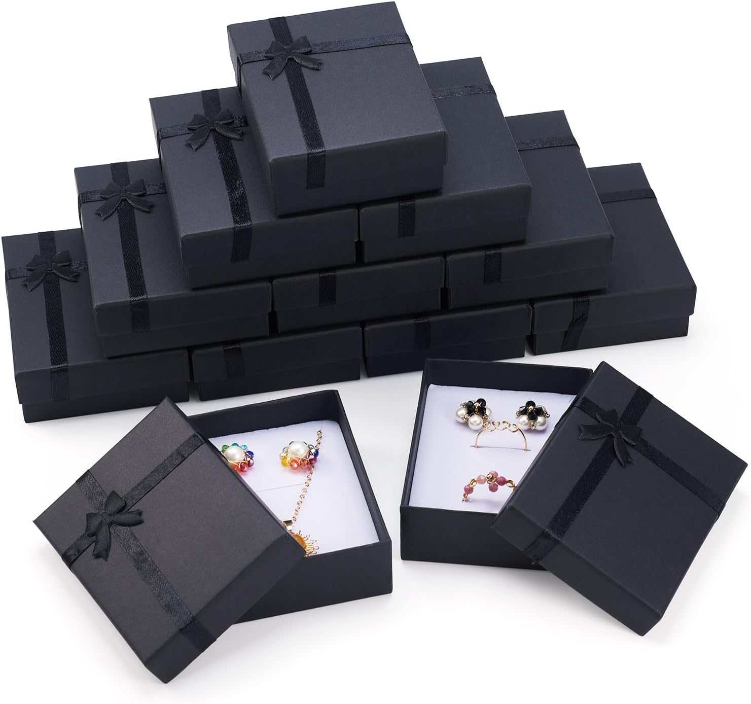 Spritewelry 12Pcs Cardboard Jewelry Gift Boxes 9x7x3cm Small Gift Boxes Rectangle Jewelry Package Supplies Necklace Earring Ring Packing Box with Bowknot for Valentines Day Black