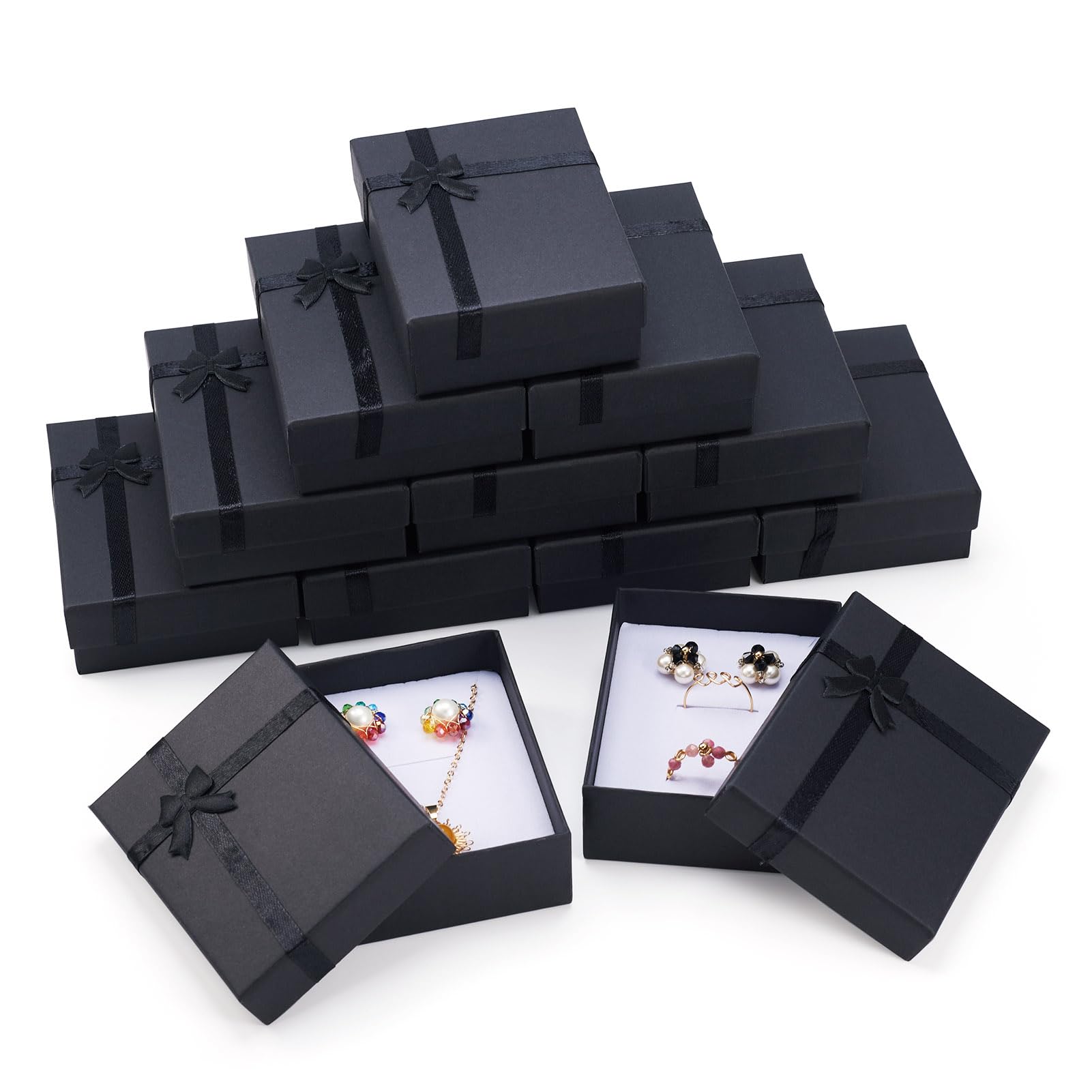 Spritewelry 12Pcs Cardboard Jewelry Gift Boxes 9x7x3cm Small Gift Boxes Rectangle Jewelry Package Supplies Necklace Earring Ring Packing Box with Bowknot for Valentines Day Black