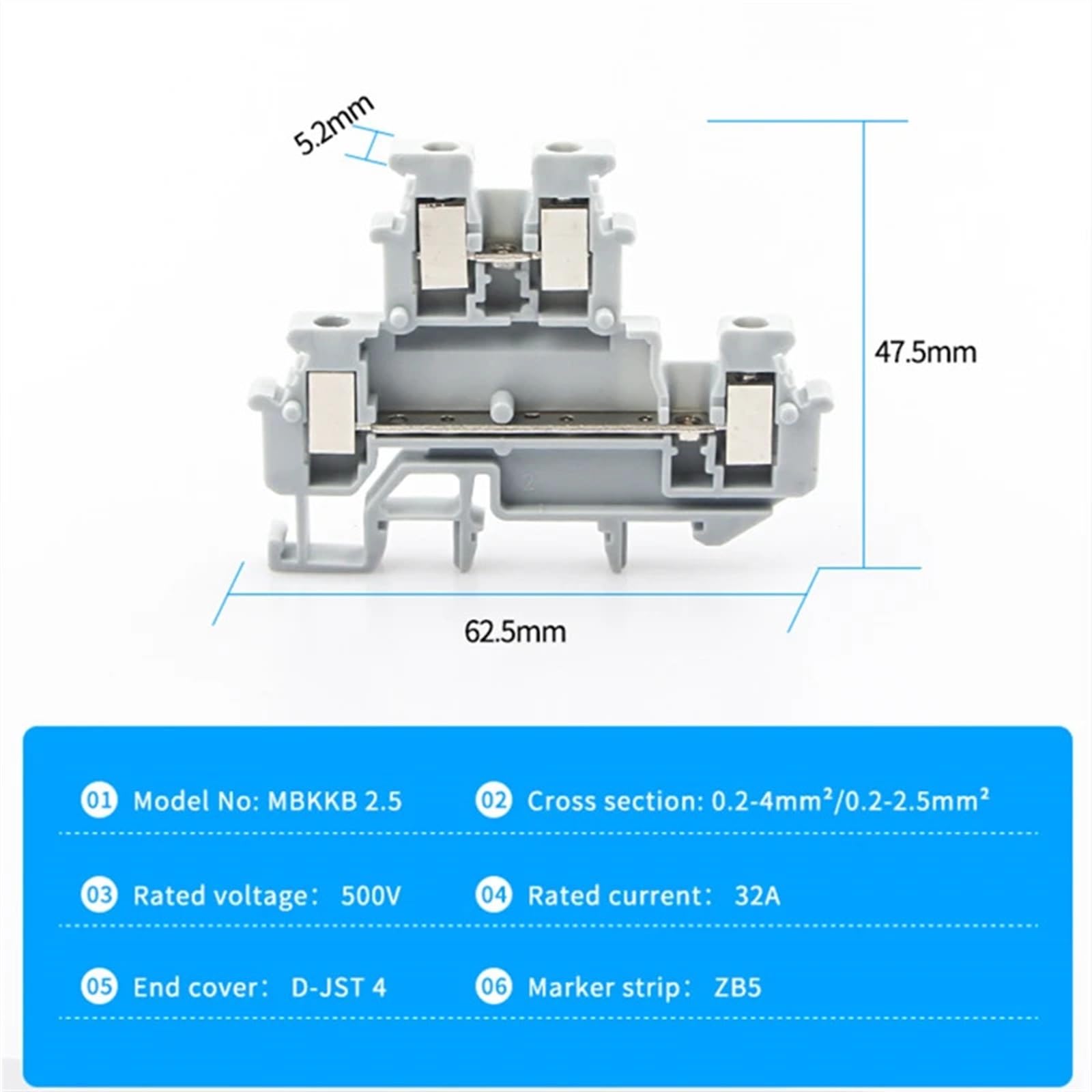 50pcs MBKKB-2.5 Din Rail Terminal Block Connector Double Layer Screw Connection Contact Electrical Wire Conductor MBKKB2.5