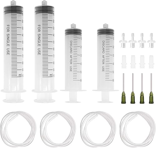4 jeringas de plástico grandes con tapa, incluye 2 jeringas de 2.3 onzas líquidas y 3.5 onzas líquidas con 4 tubos suaves de 3.2 pies, agujas de