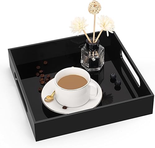 Bandeja decorativa para mesa auxiliar para el hogar, 10 x 10 pulgadas, elegantes bandejas de acrílico con asas, funciona para comer, desayuno, Negro