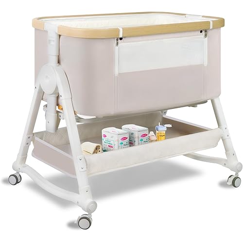 4 in 1 Baby Bassinet, Bassinet Bedside Sleeper with Wheels and Storage Basket, Adjustable 7 Heights Bedside Sleeper with Musquito Net, Breathable Mesh Rocking Bassinet for Baby/Newborn (Beige)