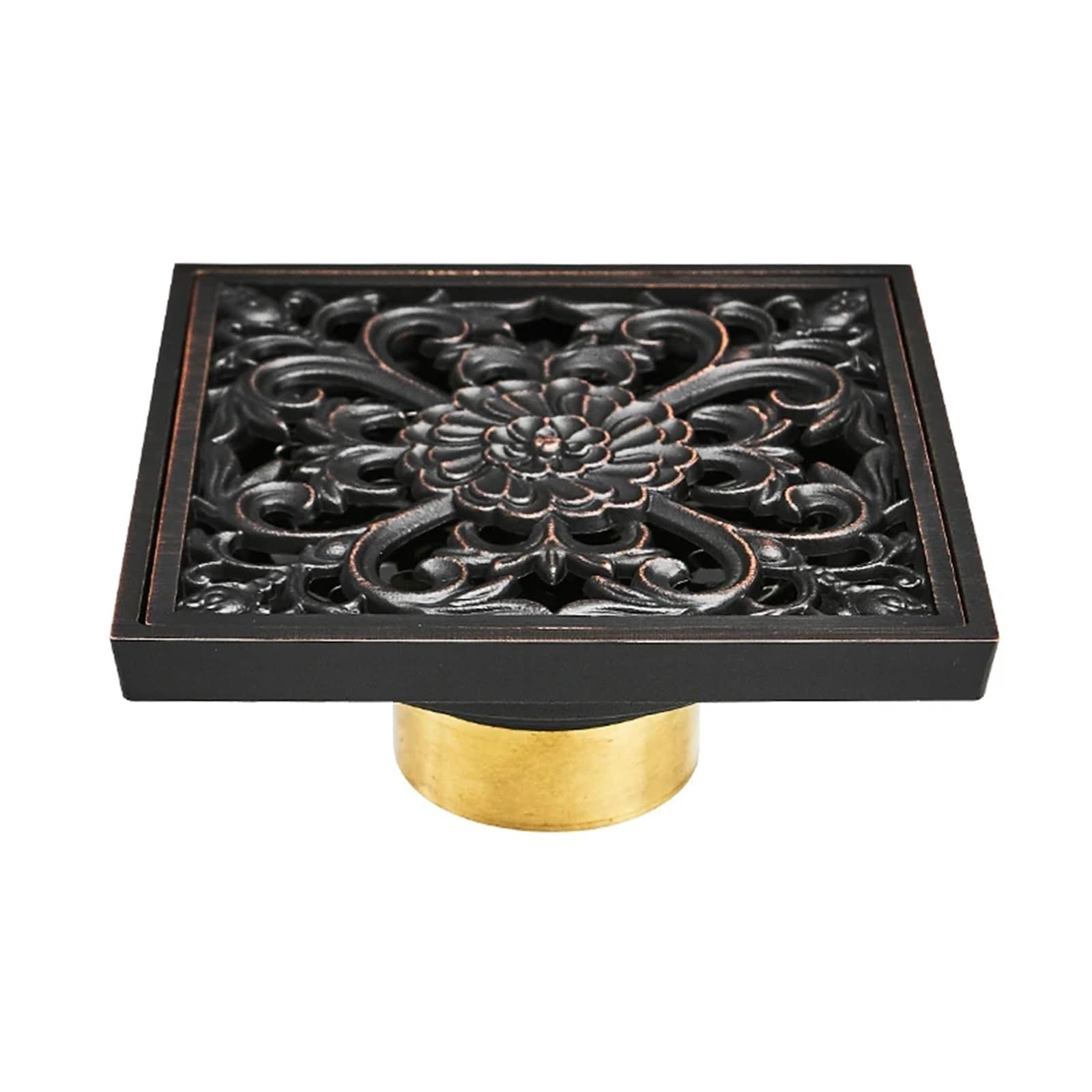 Núcleo de drenaje del suelo Desagüe cuadrado de 10cm de latón negro, colador de drenaje for ducha, cubierta de suelo, arte tallado, balcón, baño, accesorios de baño, rejilla de residuos(Black-T)