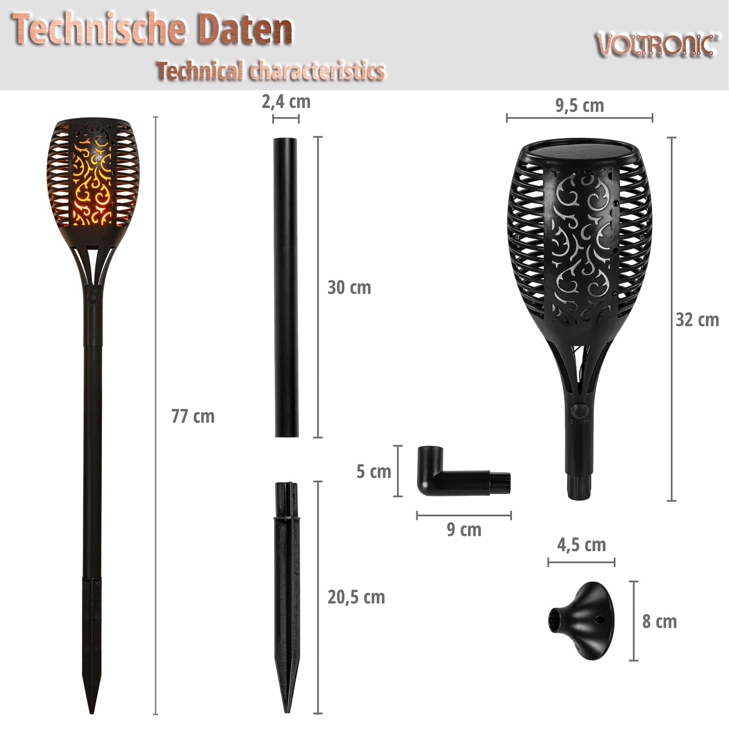 VOLTRONIC Solar Gartenfackel 51 LEDs, innen und außen, IP44, Wandhalterung, Erdspieß, Setwahl, 4er Set