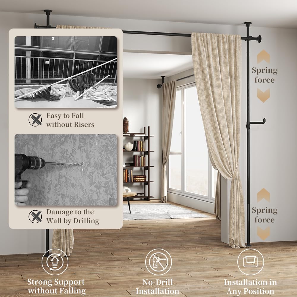 SMONTER Raumteiler Gardinenstange - Gardinenstangen ohne Bohren, Spannvorhangstangen vom Boden bis zur Decke für Vorhänge, freistehende Raumteilung, 110-310 cm, extra verstellbar