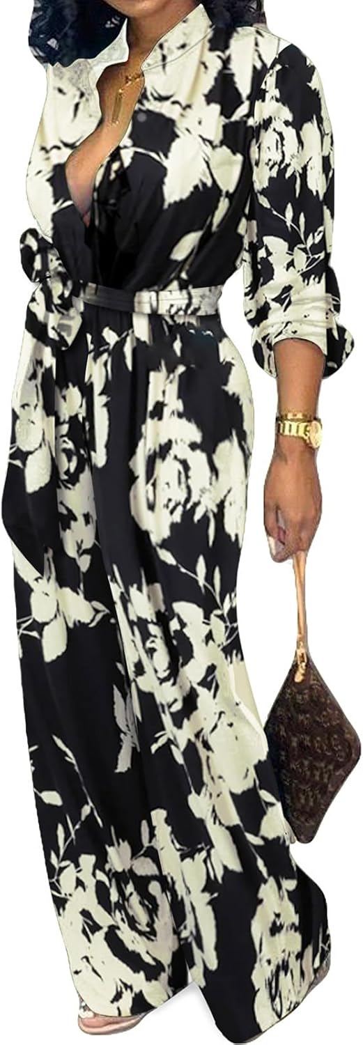 SxClub Jumpsuits for Women Formal Sexy Elegant Long Straight Pants Busineess Party Jumpsuit with Belt Pockets - Image 3