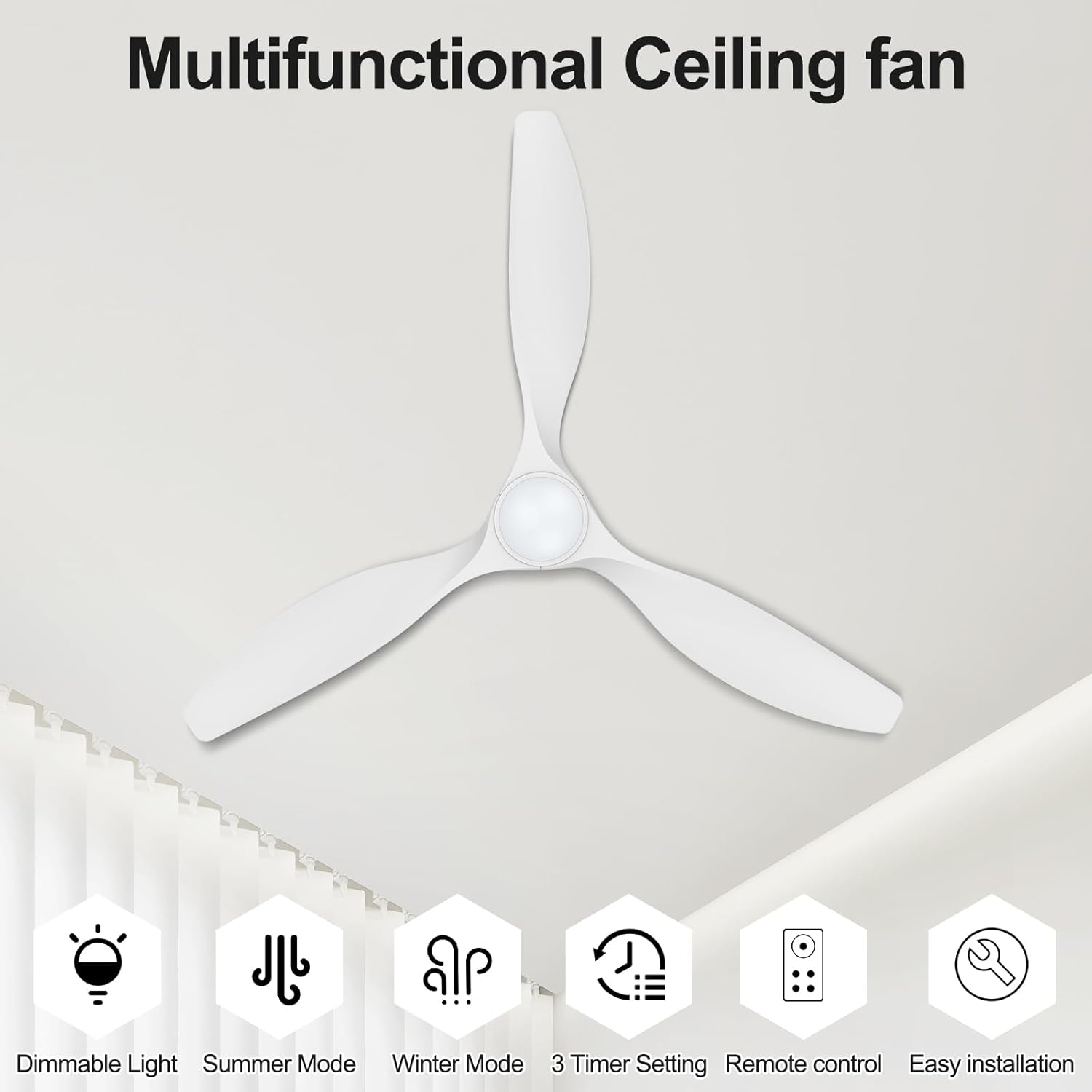 ocioc 52 inch ceiling fans with lights and remote, dimmable ceiling fans with reversible quiet dc motor, flush mount, 3cct, white ceiling fan for bedroom living room indoor/outdoor white 52 inch