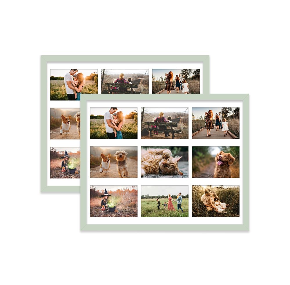 Mint Green Multi Photo Frame - Holds 9 x 6x4 Pictures, Family Collage Picture Frame for Wall Display, 20x16 Frame size, Set of 2