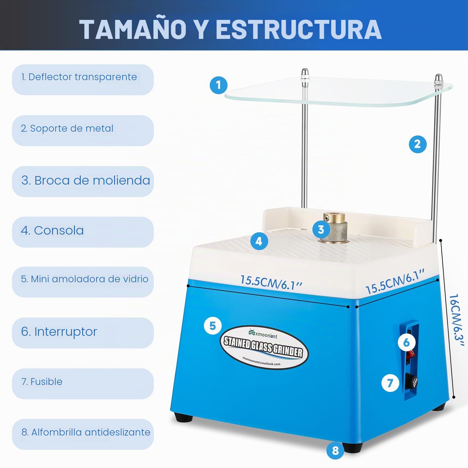 Mxmoonant Amoladora vidrieras 4200 RPM, brocas 5/8" y 1" | deflector, gafas seguridad, kit mini DIY para mosaicos, cerámica y vidrio (Azul)