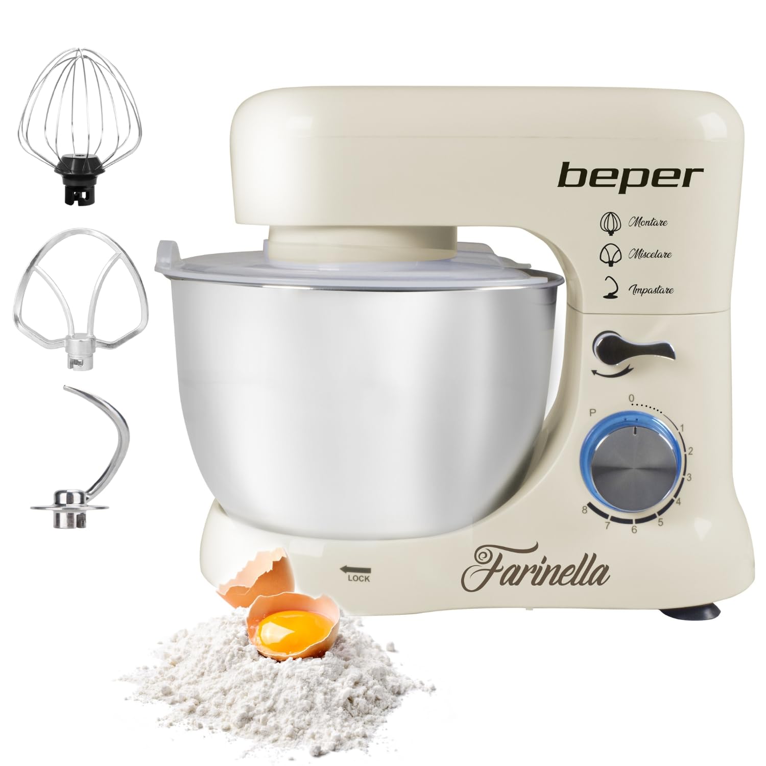 BEPER - Impastarice planetaria - Ciotola da 4,5L in acciao inox - 3 ganci inclusi - 1000W