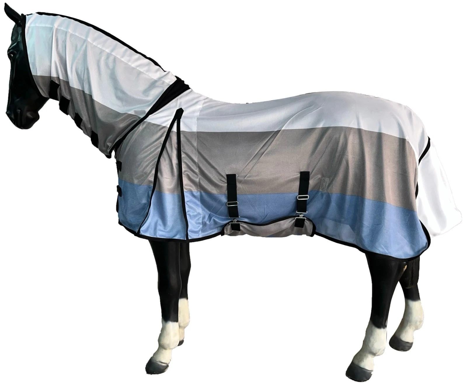 Horse Masters Blue Stripe Combo Fly Rug – Full Neck Lightweight Mesh Horse Fly Sheet | Breathable Summer Turnout Rug | UV & Insect Protection | Tail Flap & Cross Surcingles