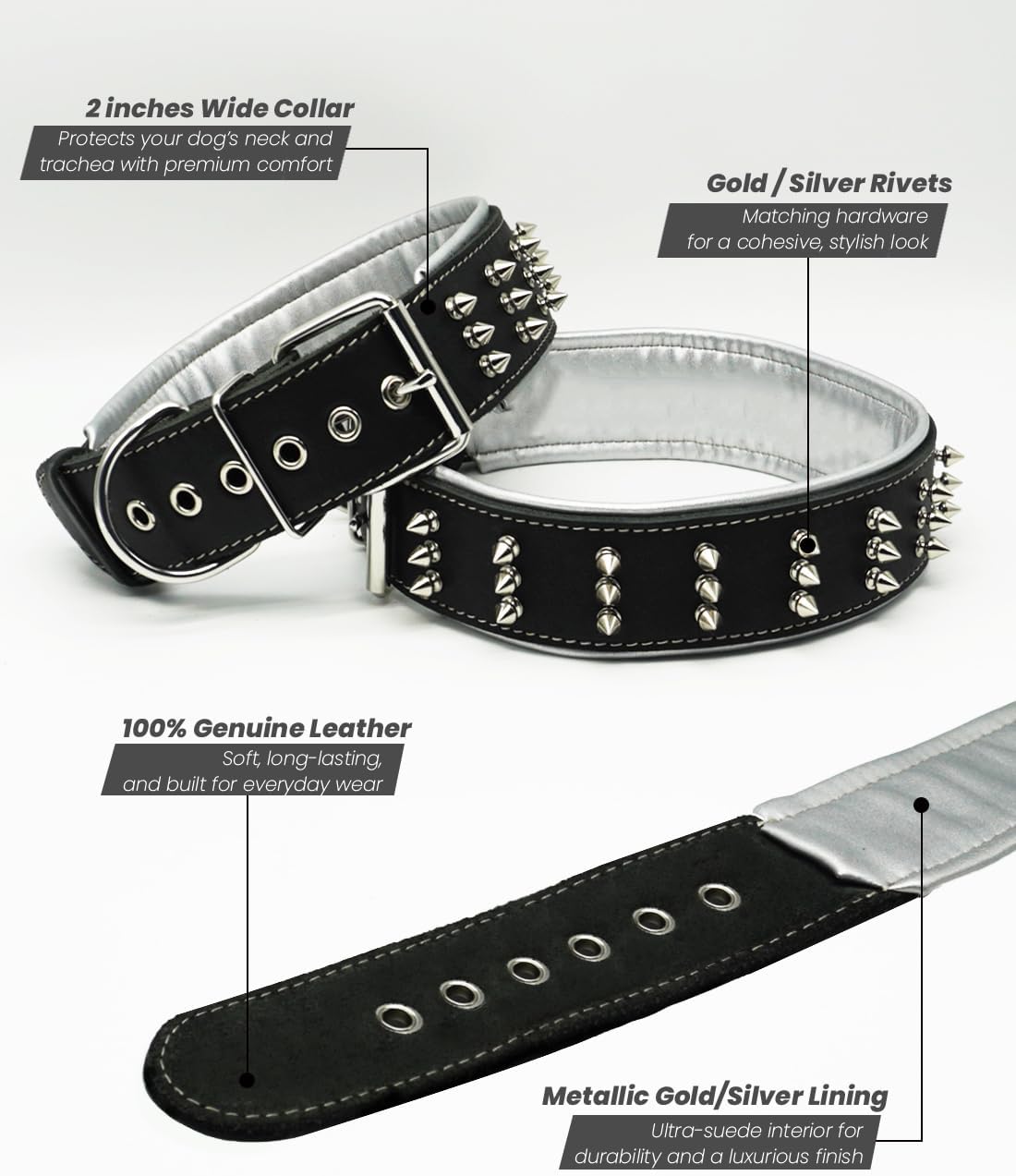 Spiked Leather Dog Collar – Premium Handmade Genuine Leather, 2.2-Inch Wide, Bold Protection and Stylish Design, Ideal for Powerful Breeds- Silver Shadow 20.5-24.5 inches