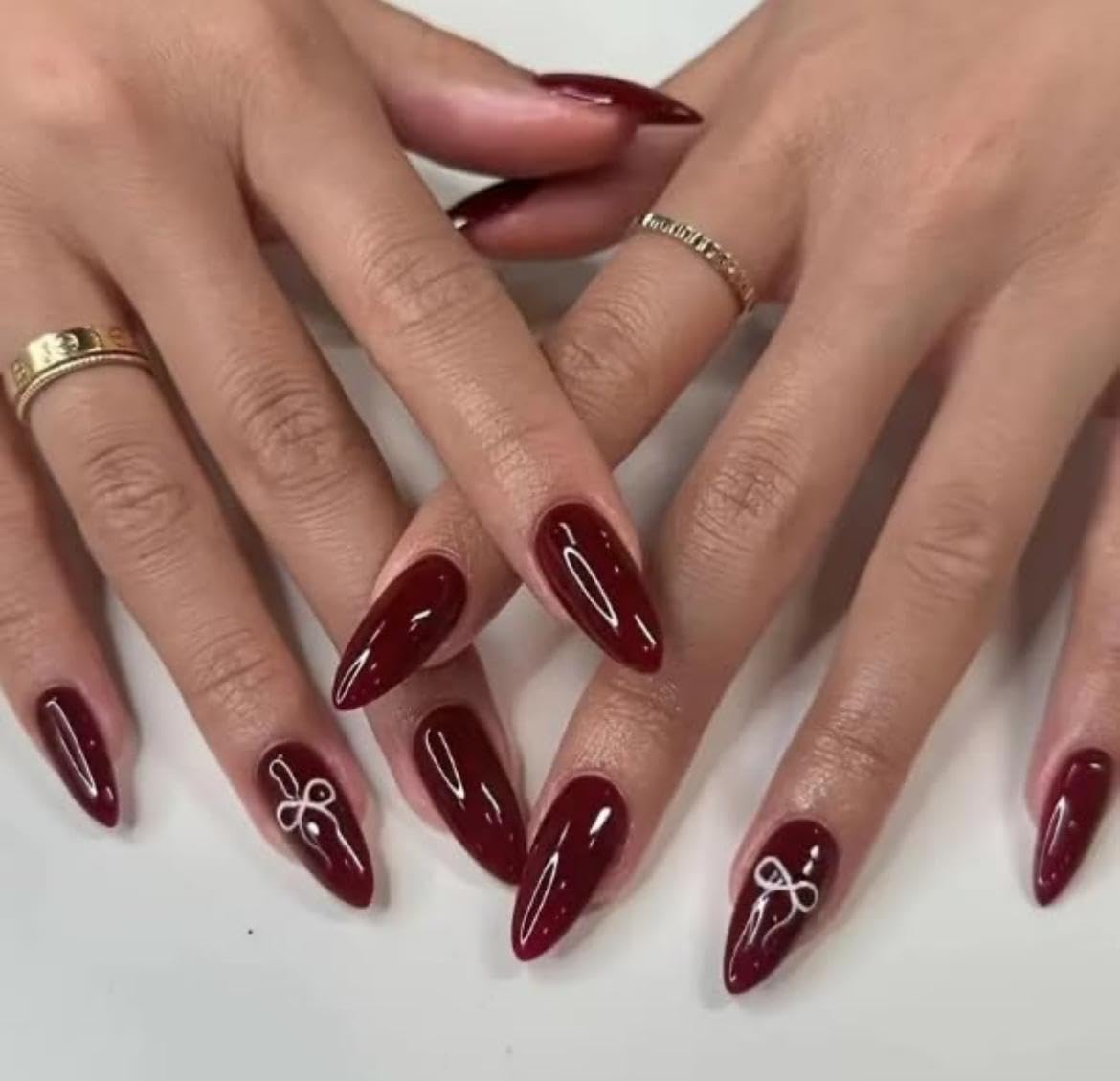24 Reusable Artificial Fake Nail Set |Base maroon colour with White Bow Design Glossy Nails | Lightweight & Long Lasting| Quick Fix For Festivals & Special Occasions-image-37