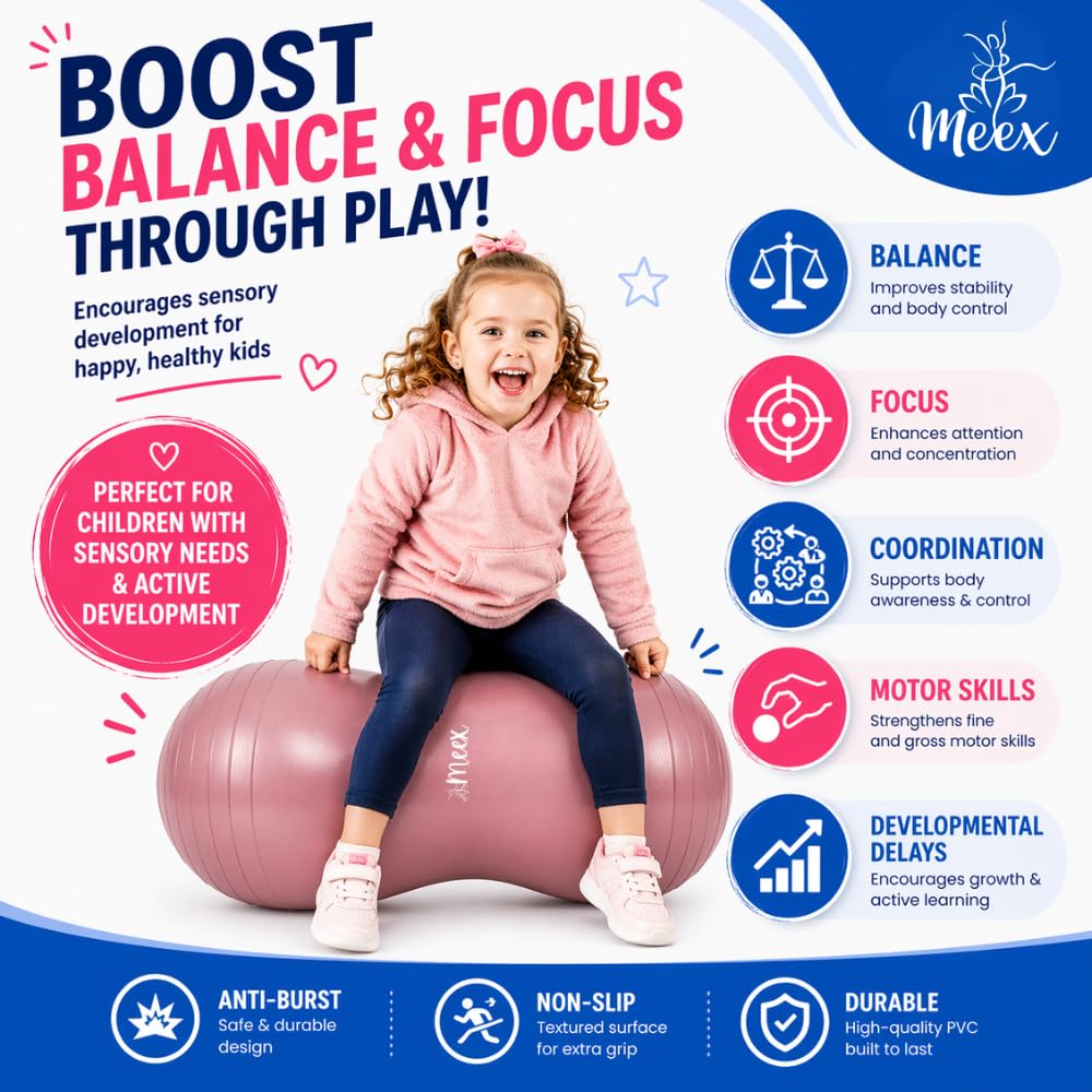 Meex Sensory Peanut Ball for Kids Therapy and Exercise - Enhance Balance, Motor Skills and Physical Therapy Calming Development with Our Yoga Ball - Flexible Seating for Autistic Children — Amazon image 2
