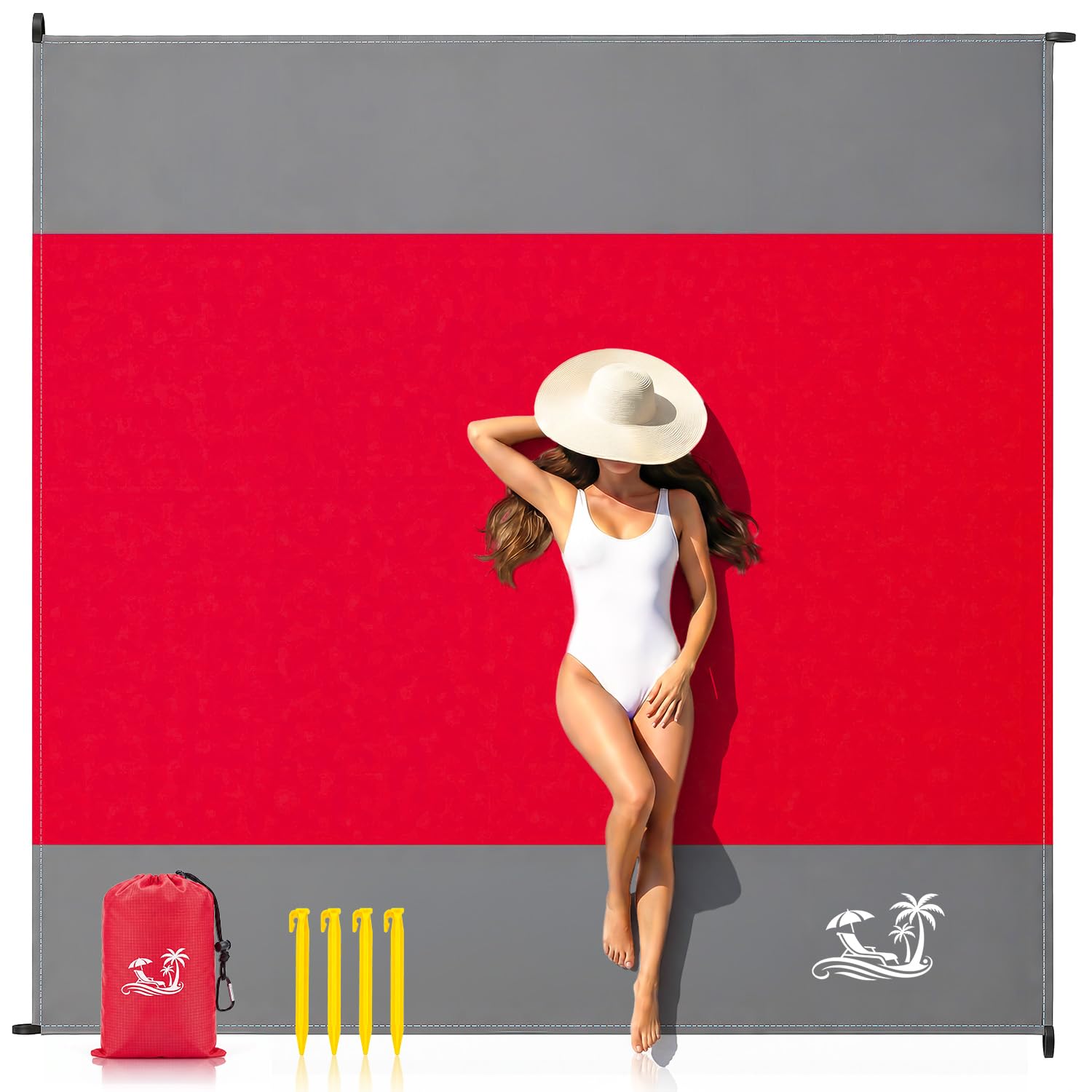 Solnery Large Beach Blanket Waterproof Sandproof, Beach Mats Sand Free, Windproof Outdoor Mat, Portable, 4 Stakes, 300 x 280 cm, Fits 1–10 People, for Seaside, Picnic & Camping (Coral Red)