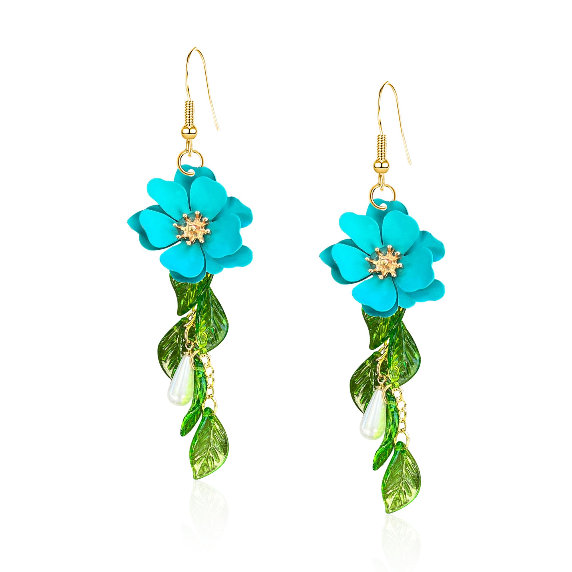 Just Follow Summer Beach Flower Tassel Earrings for Women Boho Long Flower Dangle Floral Petals Drop Earring for Statement Vacation With Green Leaf