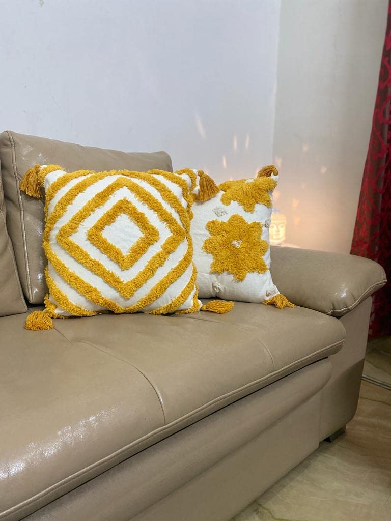 Wisdom Decor Tufted Cushion Cover 16 inch x 16 inch | Bedroom Cushions Set for Bed | Living Room Cushions for Sofa | Yellow Diamond and Flower | Pack of 2 (B0BDL65X12) Amazon Price History, Amazon Price Tracker