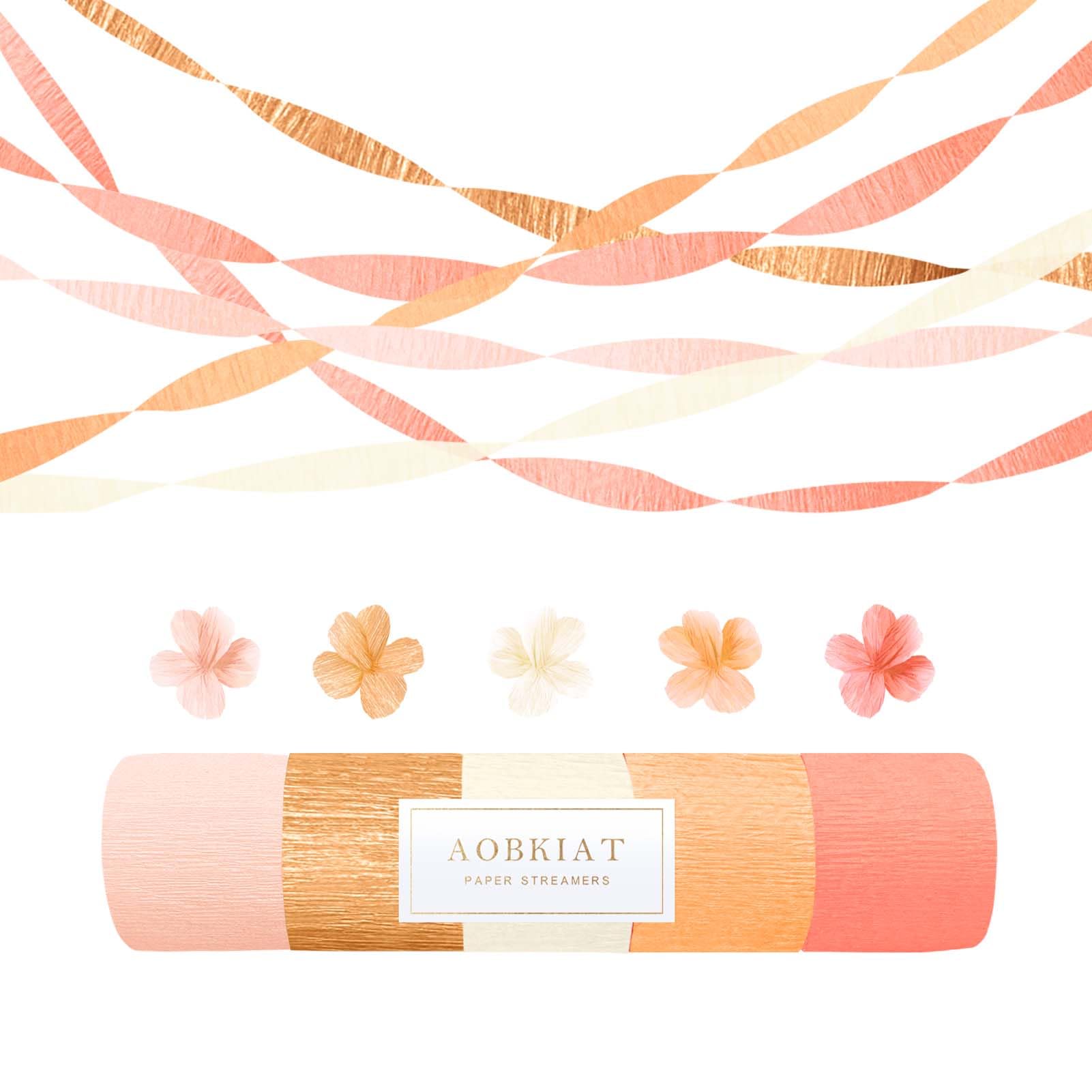 Photo 1 of AOBKIAT Streamers Party Decorations,5 Rolls Pastel Pink Gold Orange Crepe Paper Streamers for Little Cutie Baby Shower,Brithday,Wedding,Peach Theme Party,DIY Tassel,1.8 Inch x 82 Ft/Roll