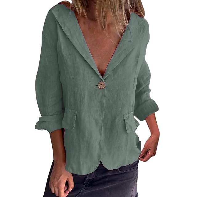 Women Casual Blazer One Button Linen Blazer Jackets Open Front Long Sleeve Work Office Suit Jackets Dressy Work