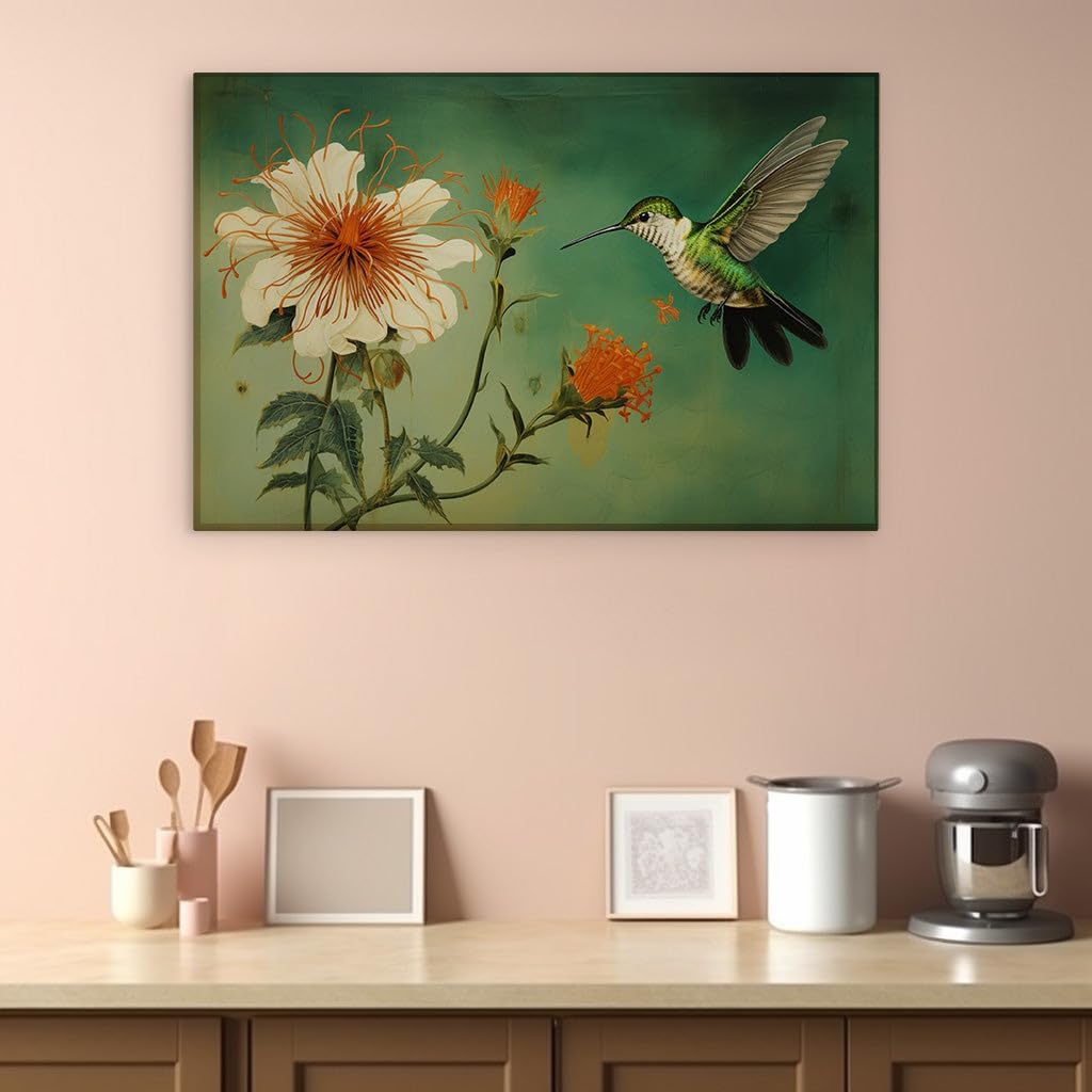 Canvas for Living room. Soaring Hummingbird Encounters a Blossom of Serenity, 27 x 18 inch Canvas Wall Art - Vibrant Pops Of Color - Nature Home Decor