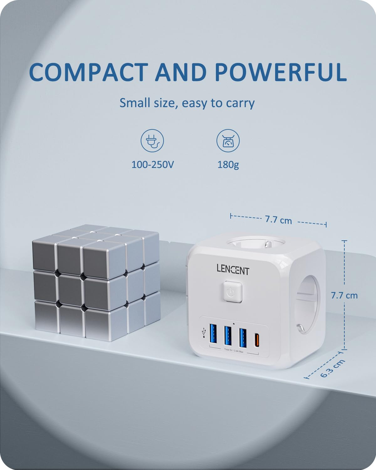 LENCENT Cubo Enchufe USB 7 en 1, Ladron Enchufes 4000W, Triple Múltiples Pared con 3 Tomas de CA, 3 USB-A, 1 Tipo C y Interruptor, Cargador Regleta Pared para Oficina, Cocina y Habitación