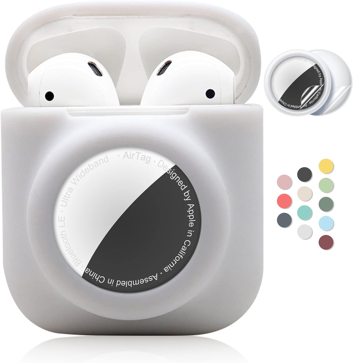 2 in 1 Silicone Protective Skin Cover Compatible with AirPod 1&2 and AirTag, Soft Comprehensive Protective Case with 2 PCS TPU Screen Protector, Anti-Scratch Anti-Fall Anti-Lost(White) 2 in 1 Silicone Protective Skin Cover Compatible with AirPod 1&2 and AirTag, Soft Comprehensive Protective Case with 2 PCS TPU Screen Protector, Anti-Scratch Anti-Fall Anti-Lost(White)