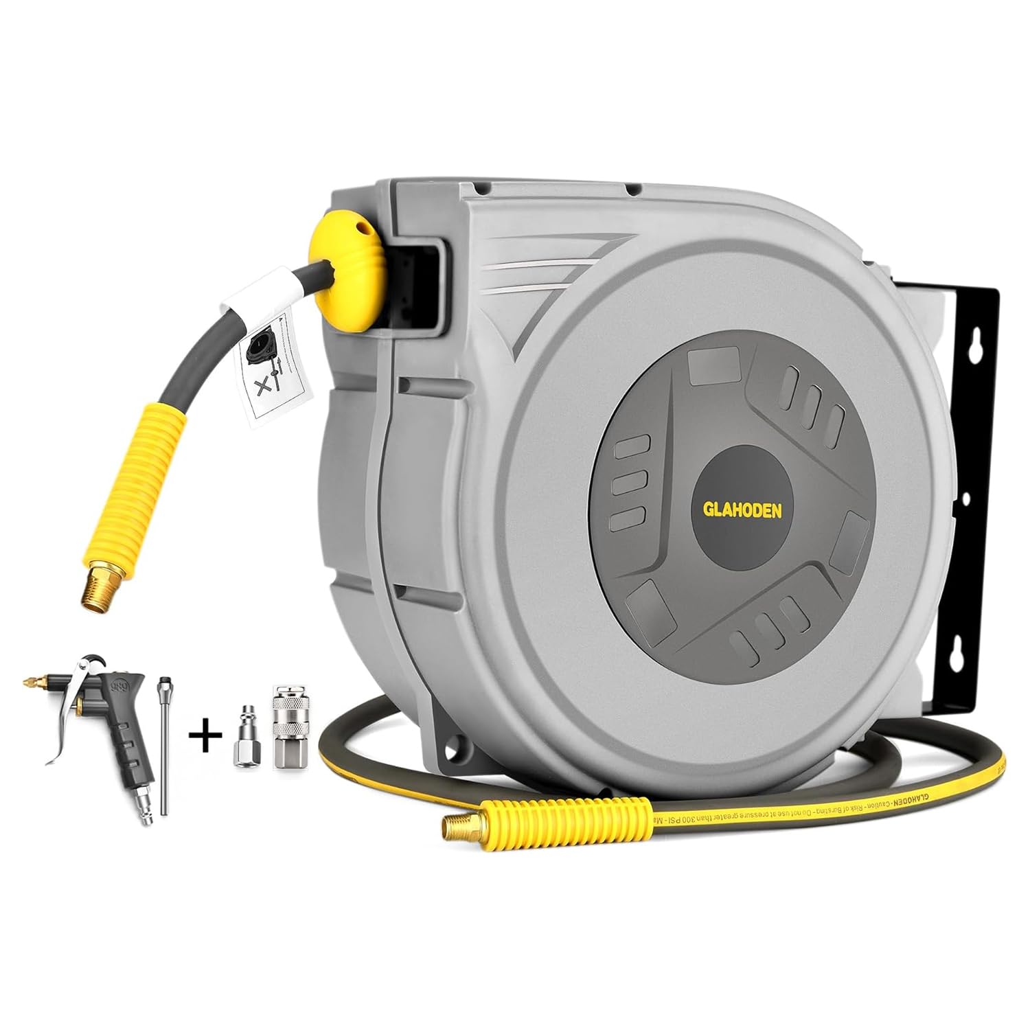 GLAHODEN Avvolgitubo ad aria compressa con pistola a spruzzo, 20 m + 2 m, avvolgitubo compressore d'aria con tubo dell'aria compressa da 9,5 mm e attacco da 1/4", supporto in metallo (massimo 12 bar