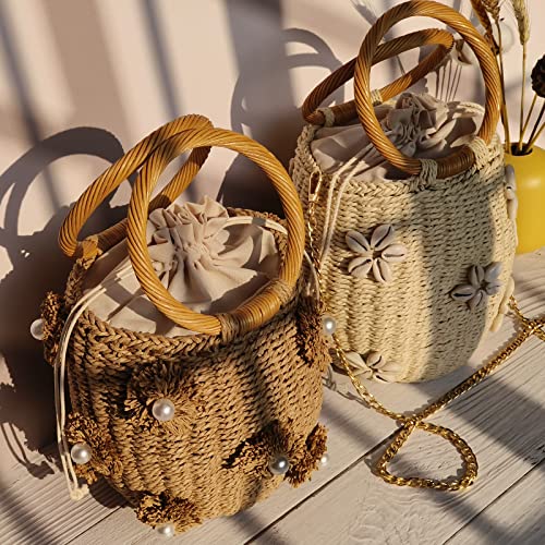 Nibd Flower Pearls Rattan Tote Bag Summer Beach Drawstring Straw Bucket Bag Diamonds Woven Handbag (A Flower) #TOP5