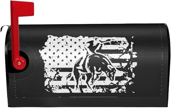 Bull Riding American Flag Mailbox Covers Magnetic - Decorative Mailbox Wraps, Post Letter Box Cover for Home, Garden, Yard, Porch Large Size 25.5" x 21" Black