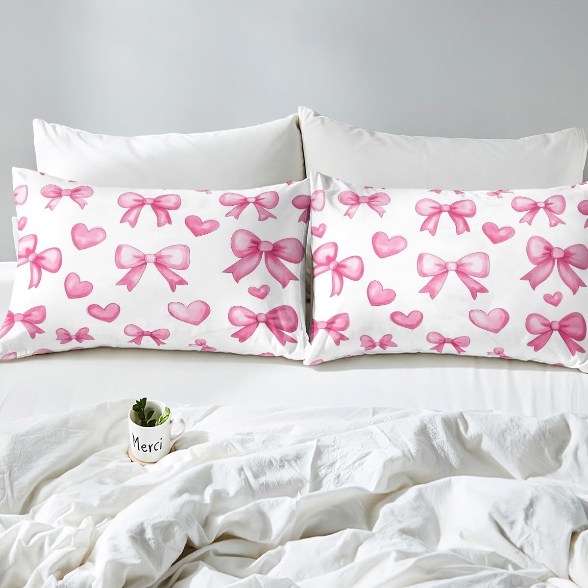 Erosebridal Pink Bow Toddler Bedding Set for Girls,Kawaii Love Bowknot Kids Duvet Cover Cute Girly Bow Comforter Cover Romantic Heart Bowknot Bed Set Bedroom Decor 1 Pillow Case