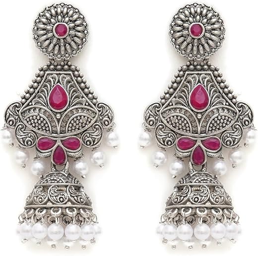 Karatcart Oxidised Silver Handcrafted Red Long Dangler Jhumki Earrings for Women