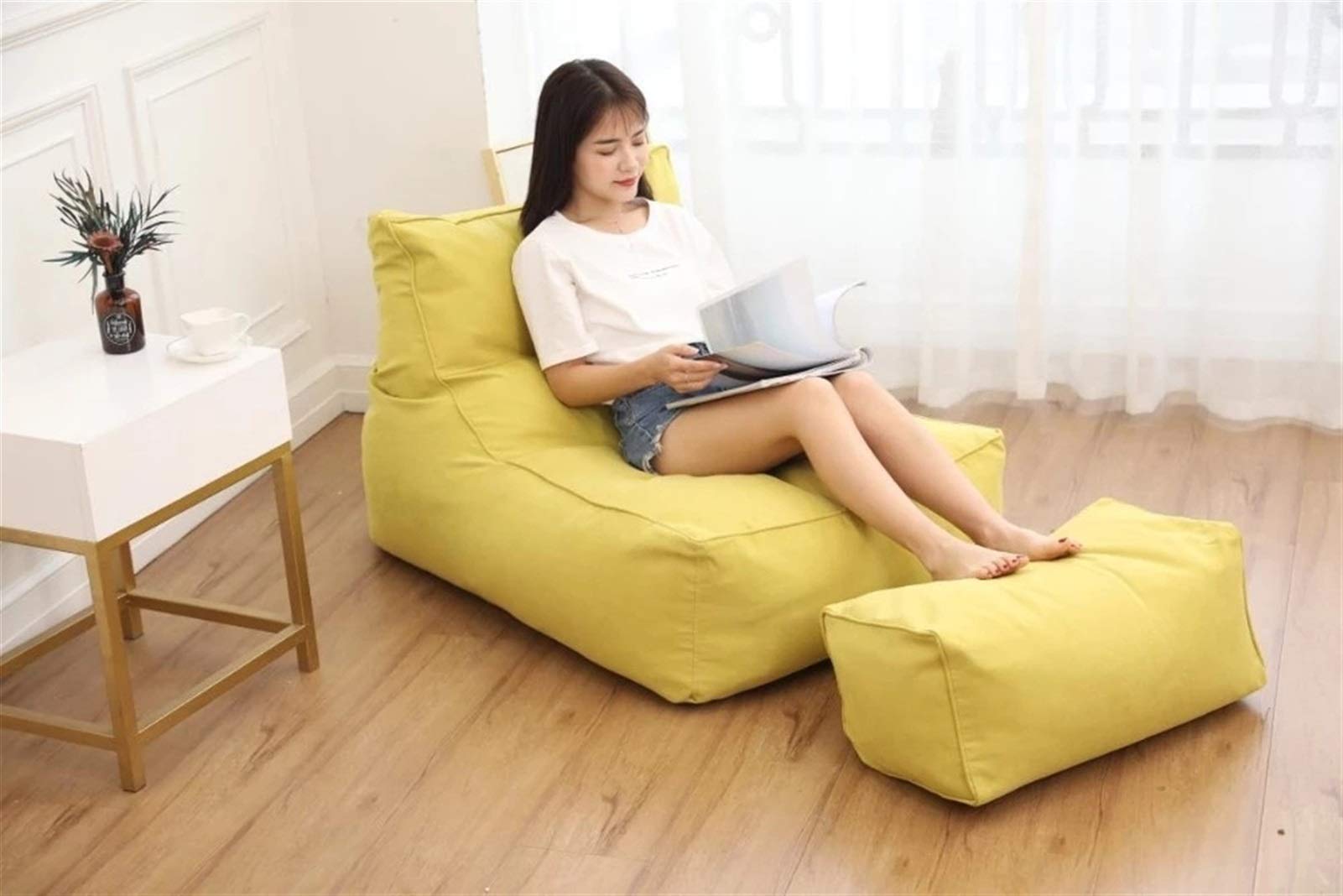 دائم مريح حقيبة كرسي فول Outdoor Beach Bean Bag Recliner Cover With  Ottoman,Home Furniture Suede Lounge Chair Sofa Coat (Color Yellow)