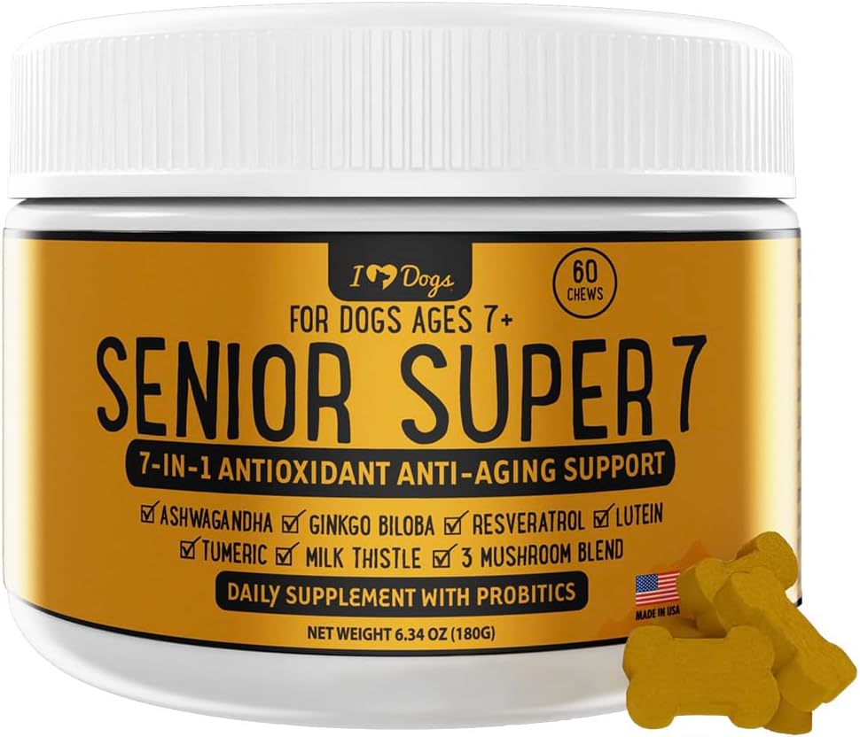 iHeartDogs Senior Super 7 Daily Dog Multivitamin – 7-in-1 Vitamin for Dogs Supports Anti-Aging with Antioxidants, Probiotics, Lion’s Mane, Turkey Tail, & Ashwagandha for Longevity & Cognitive Boost