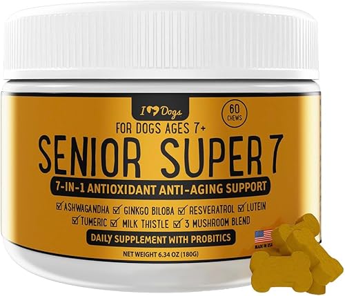 iHeartDogs Senior Super 7 Daily Dog Multivitamin - Vitamina 7 en 1 para perros apoya el antienvejecimiento con antioxidantes, probióticos, melena de