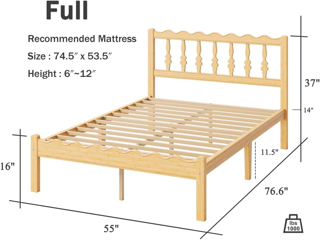 14 Inch Solid Wood Full Bed Frame with Wavy Headboard, No Box Spring Needed, No Squeak, Bamboo&Metal