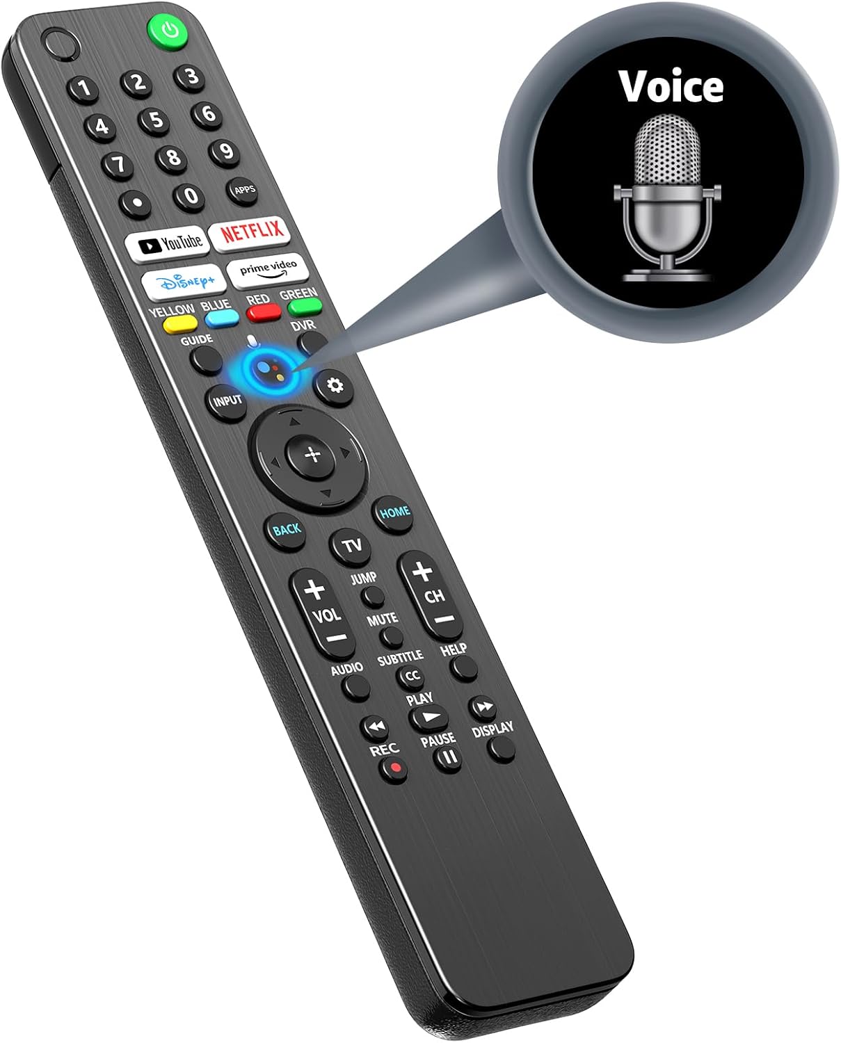 Close-up of the RETROSUN RMF-TX520U MG3-TX520U remote control highlighting the voice button and a 'Voice' bubble with a microphone icon.