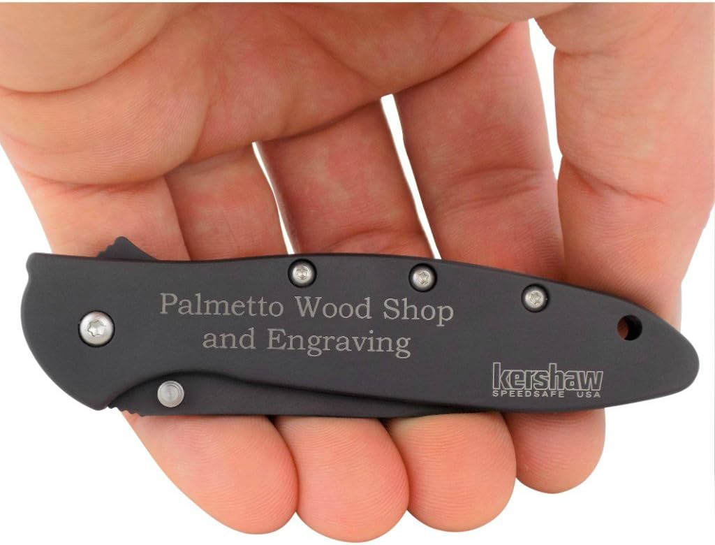 Palmetto Wood Shop Pocket Knife - Kershaw Leek 3-Inch Sandvik 14C28N Steel Blade with Cerakote Finish, 4-Inch Black Handle – Custom Engraved Gift for Men, Everyday Carry, Camping, Hunting, Fishing