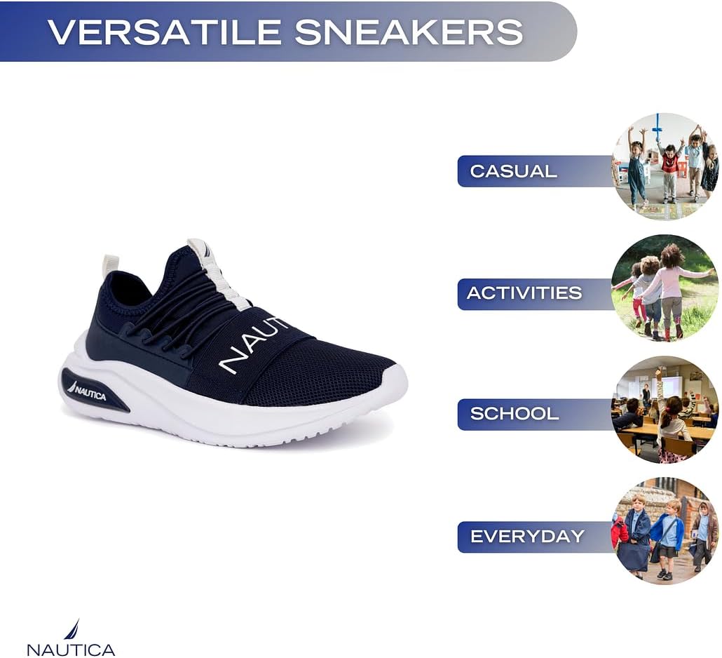 Nautica Kids Athletic Slip-On Sneakers - Comfortable Bungee Running Shoes for Boys and Girls - Stylish and Supportive Footwear for Active Kids (Big Kid/Little Kid/Toddler)