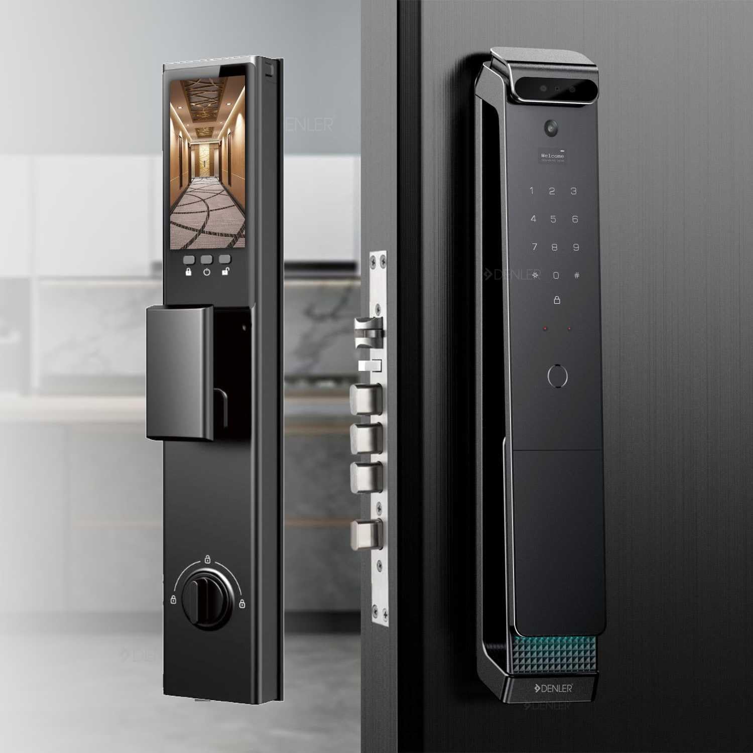 Denler DFLv6D Stylish Smart Lock | Digital Door Lock 3D Face Recognition | On Demand Video Intercom & On Demand Wi-Fi Remote Unlock Using App, Fingerprint, RFID Card, PIN, Key Die Cast - Black Chrome