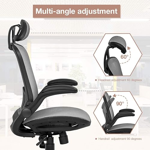 Miniatura 4 de Silla de oficina ergonómica de malla para computadora con apoyo lumbar reposacabezas con brazos abatibles, giratoria, ajustable para adultos (color