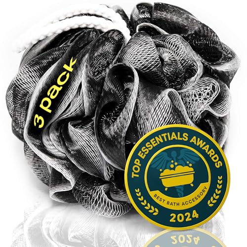 XXL 90g Charcoal Shower Loofah 3 Pack by Tilcare - Perfect Bath Sponge for Exfoliating for Men & Women - Body Scrubber Brush for Cleansing and Smooth Skin - Scrubbies That Remove Excess Oil and Dirt