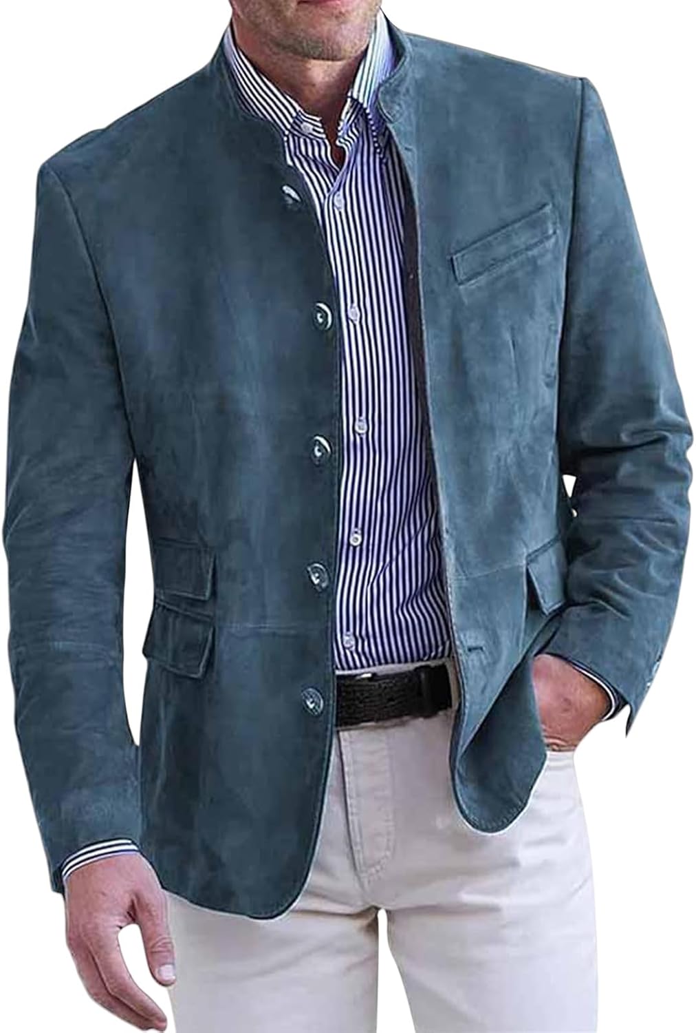 Mens Suede Blazers Stand Collar Casual Vintage Button Down Sport Coat Fashion Single Breasted Five Buttons Suit Jacket